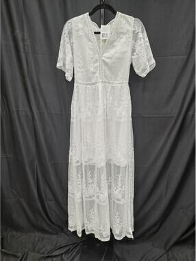 White Floral Lace V Neck Boho Wedding Maxi Dress Women’s Size M